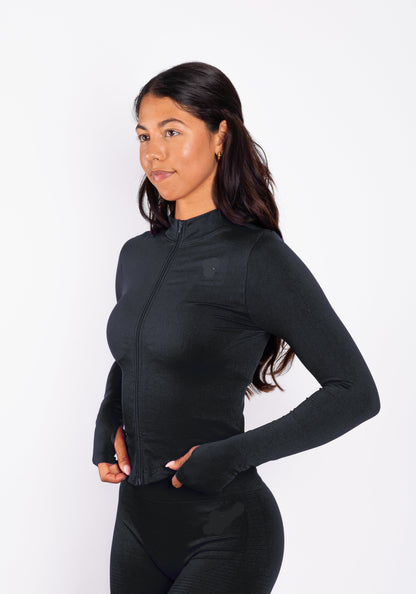 Essence | Chaqueta con cremallera acanalada sin costuras – Negro