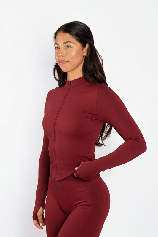 Essence | Chaqueta con cremallera sin costuras y acanalada – Roja