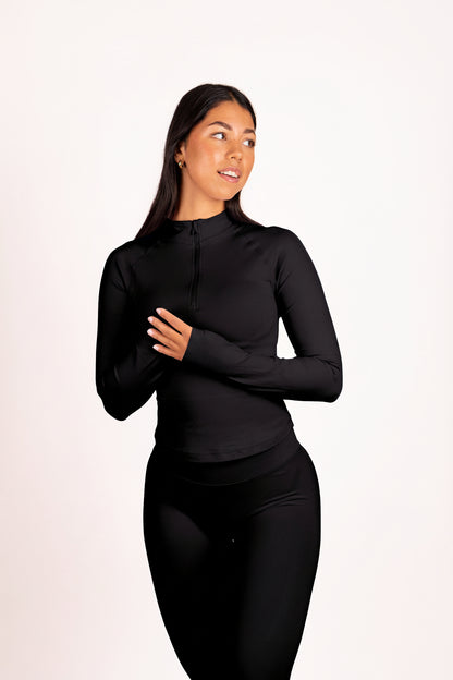 Aura | Top de Manga Larga con Media Cremallera - Negro