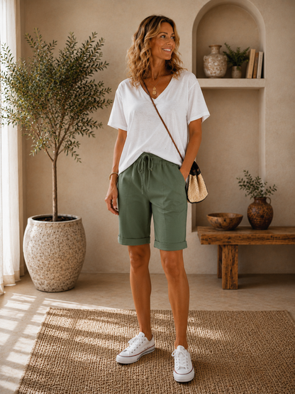 Valencia | Pantalón Corto de Lino Suave - Verde
